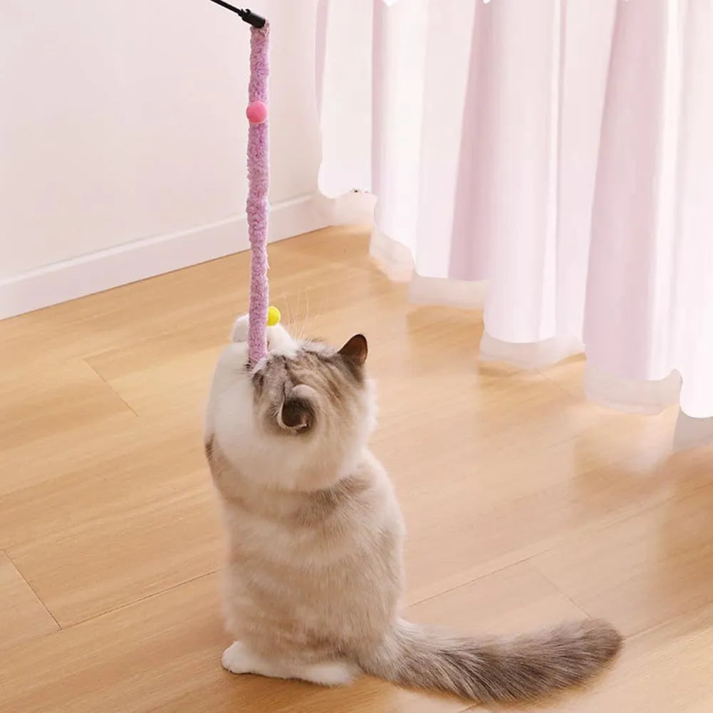 Blue green and pink plush strip cat teaser wand with bell on a 41cm pole