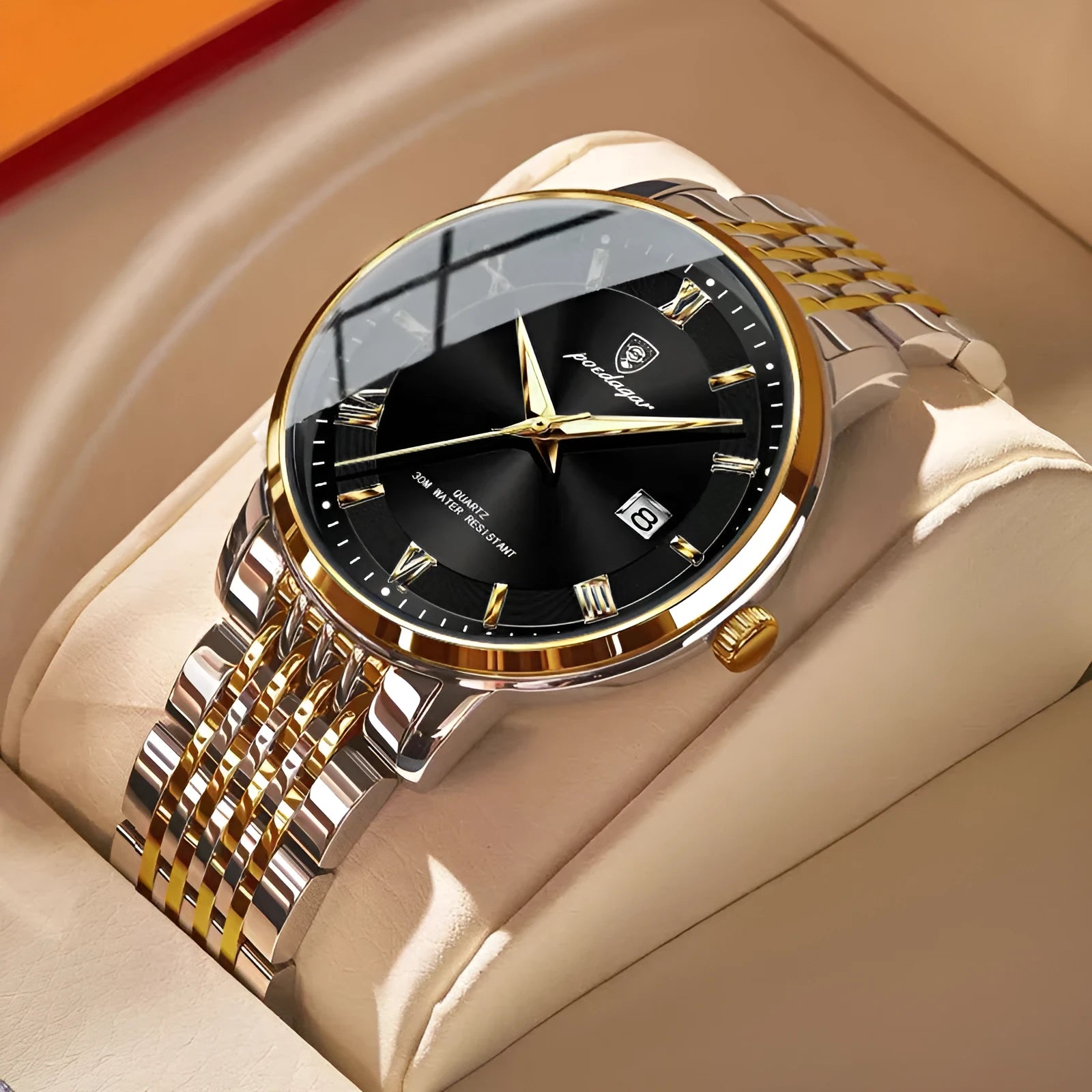 Men's quartz watch with waterproof luminous display and calendar, 41mm precision steel case, mineral reinforced mirror