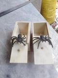 Camellia wood trick box with spider prank element on white background for scary spoof jokes
