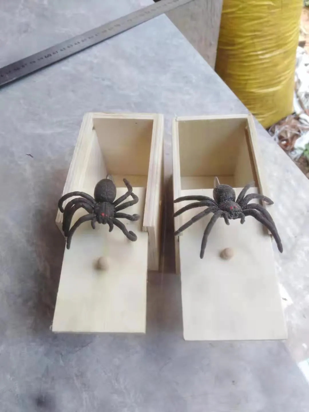 Camellia wood trick box with spider prank element on white background for scary spoof jokes