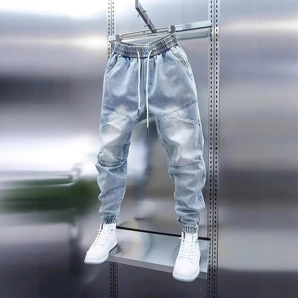 Men's light blue cotton denim elastic ankle banded drawstring skinny trousers