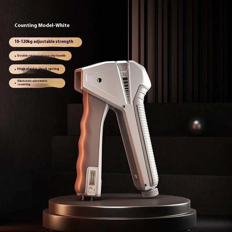 Adjustable hand gripper fitness equipment with a mechanical counter and dial on a coloured PP plastic frame.