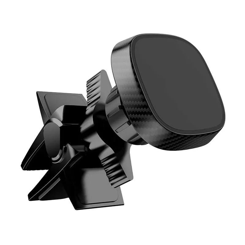 Black magnetic car phone holder attached to vehicle air vent with adjustable clamp