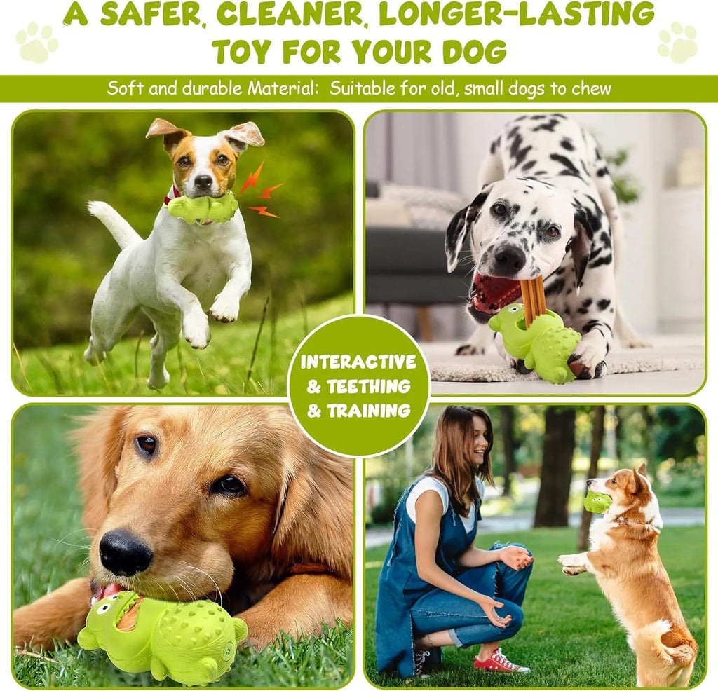 Green and yellow thick natural rubber dog chew toy for aggressive chewers with squeaker.