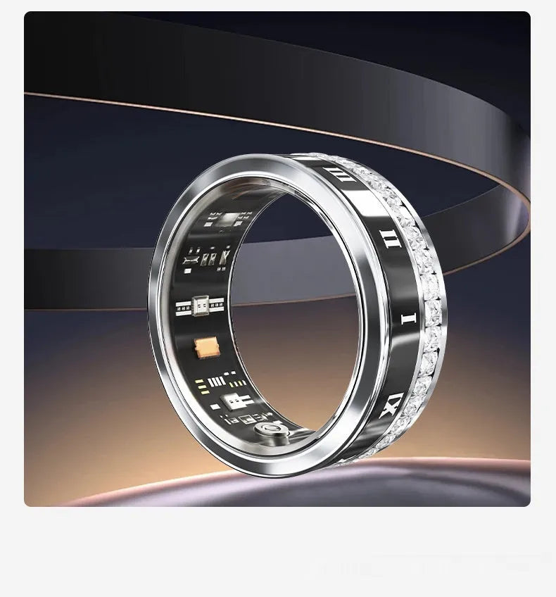 Diamond inlaid smart ring in silver and gold colours showing health monitoring capabilities