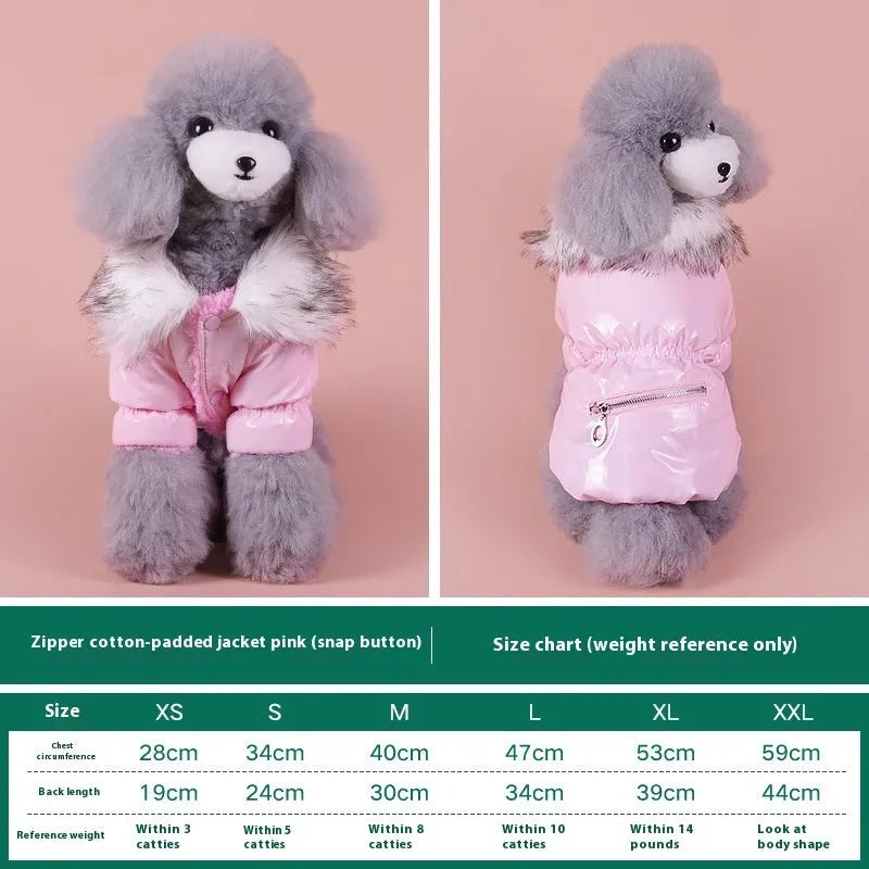 British style blue cotton dog jacket for winter warmth on a small dog, showing size and style.