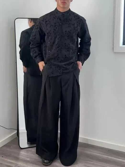 Black jacquard mandarin collar top with asymmetric button placket, regular fit, front view