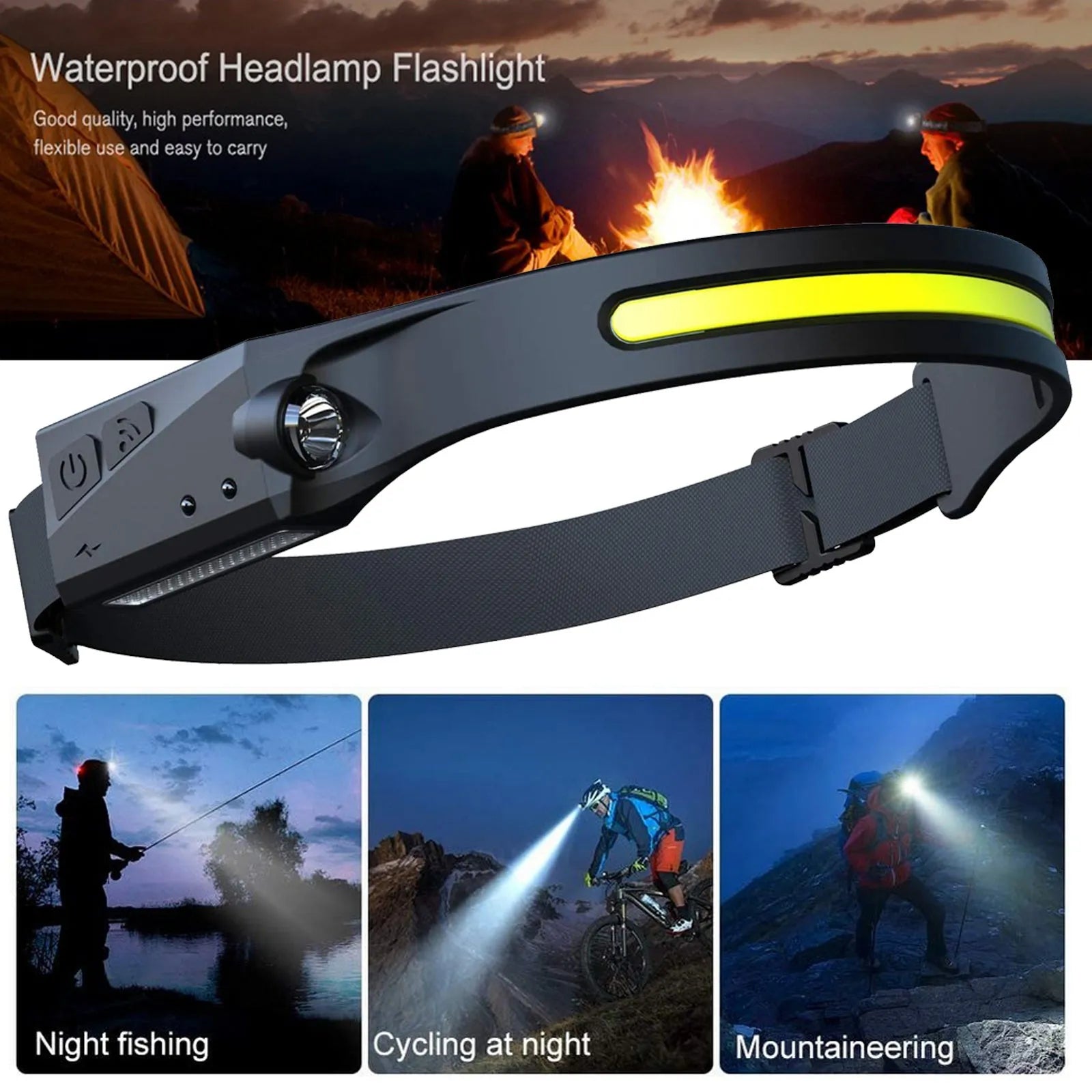 Black silicone USB rechargeable LED headlamp with side wave sensor, showing wide beam and long-range lighting.
