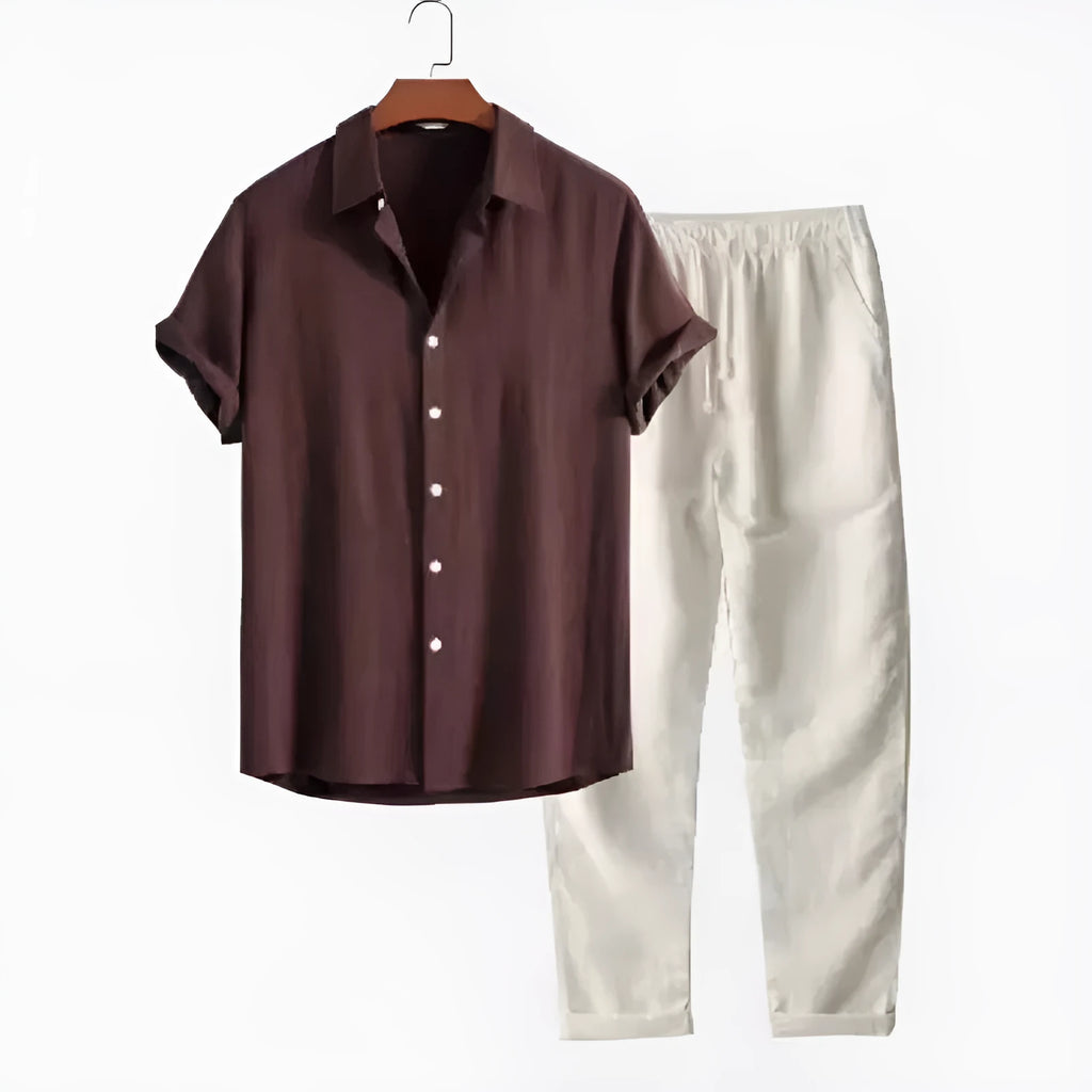 Men's casual linen blend short sleeve shirt and full-length trousers set on a hanger.