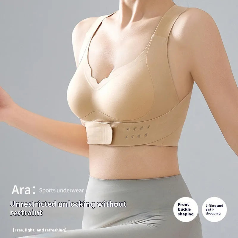 Women's front buckle yoga shaping bra in three colours with fixed double straps and 3/4 cup design