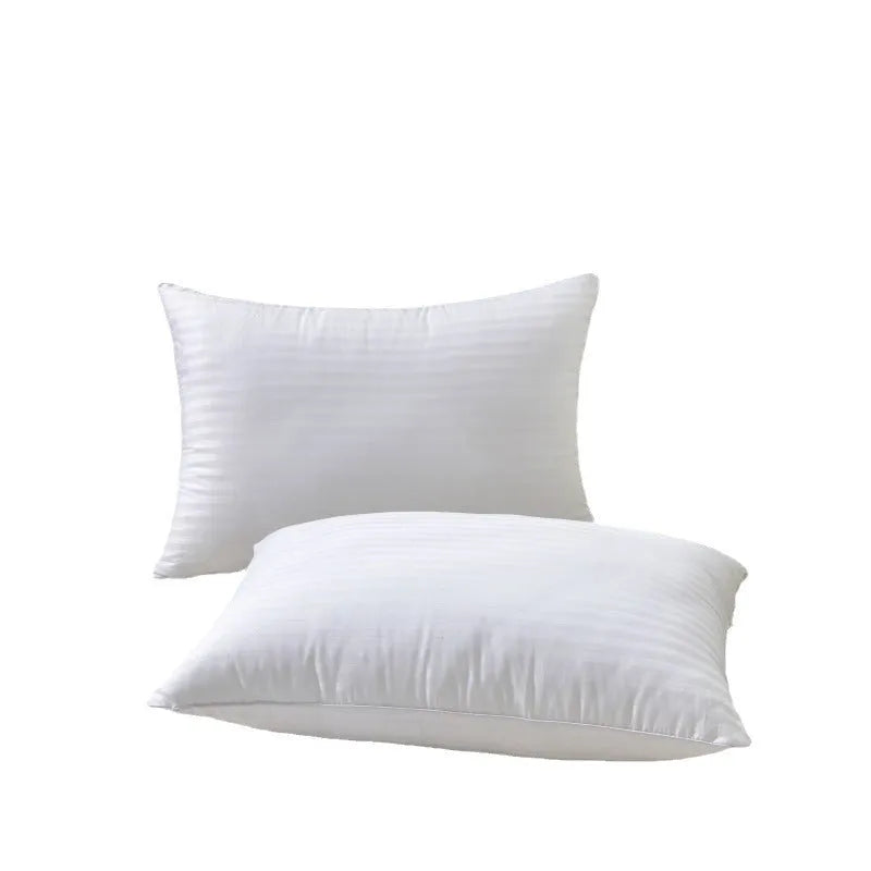 White hotel cotton satin stripe feather and cotton pillow showing size options.