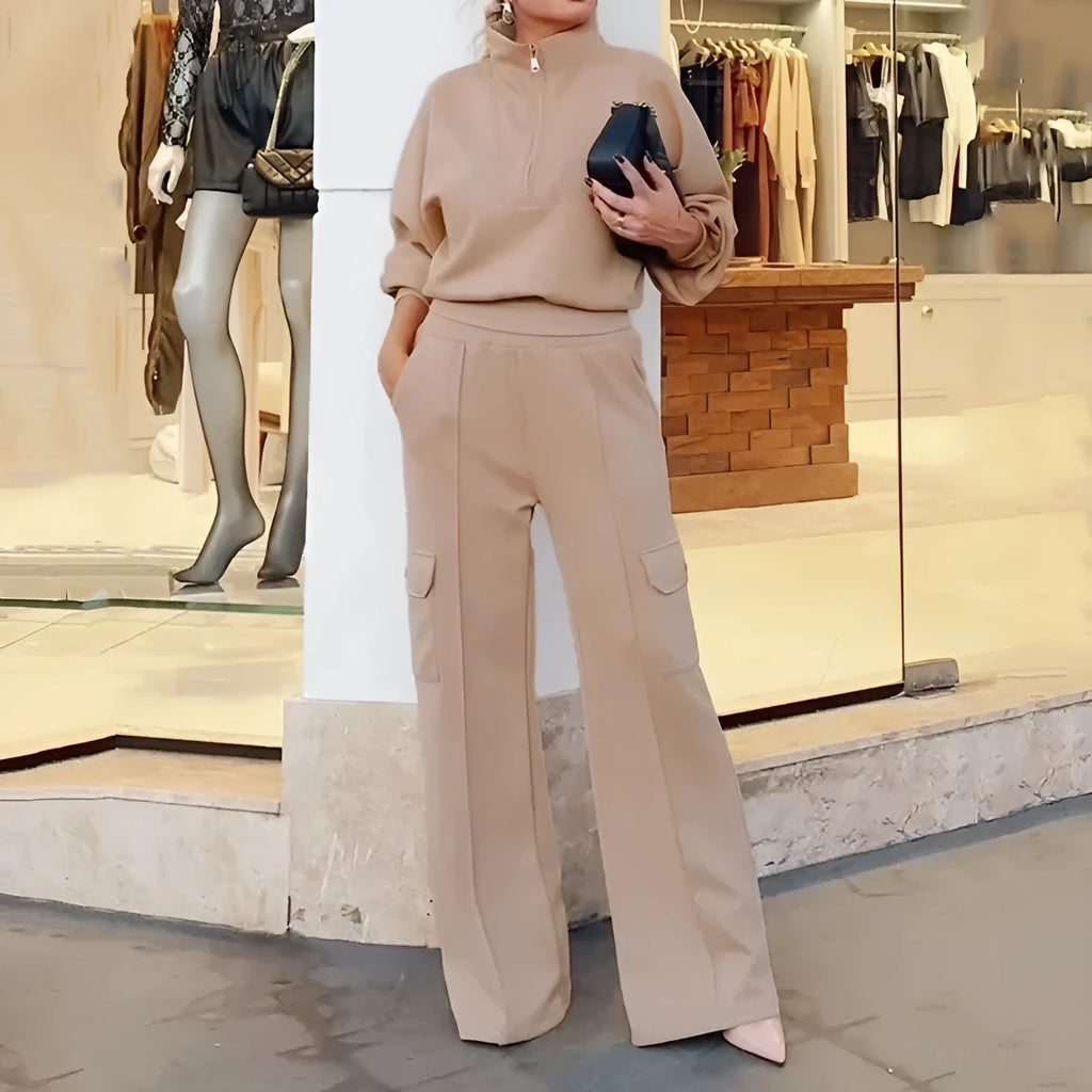 Women's light camel polyester lapel short sleeve top and wide leg trousers two-piece set on a hanger.