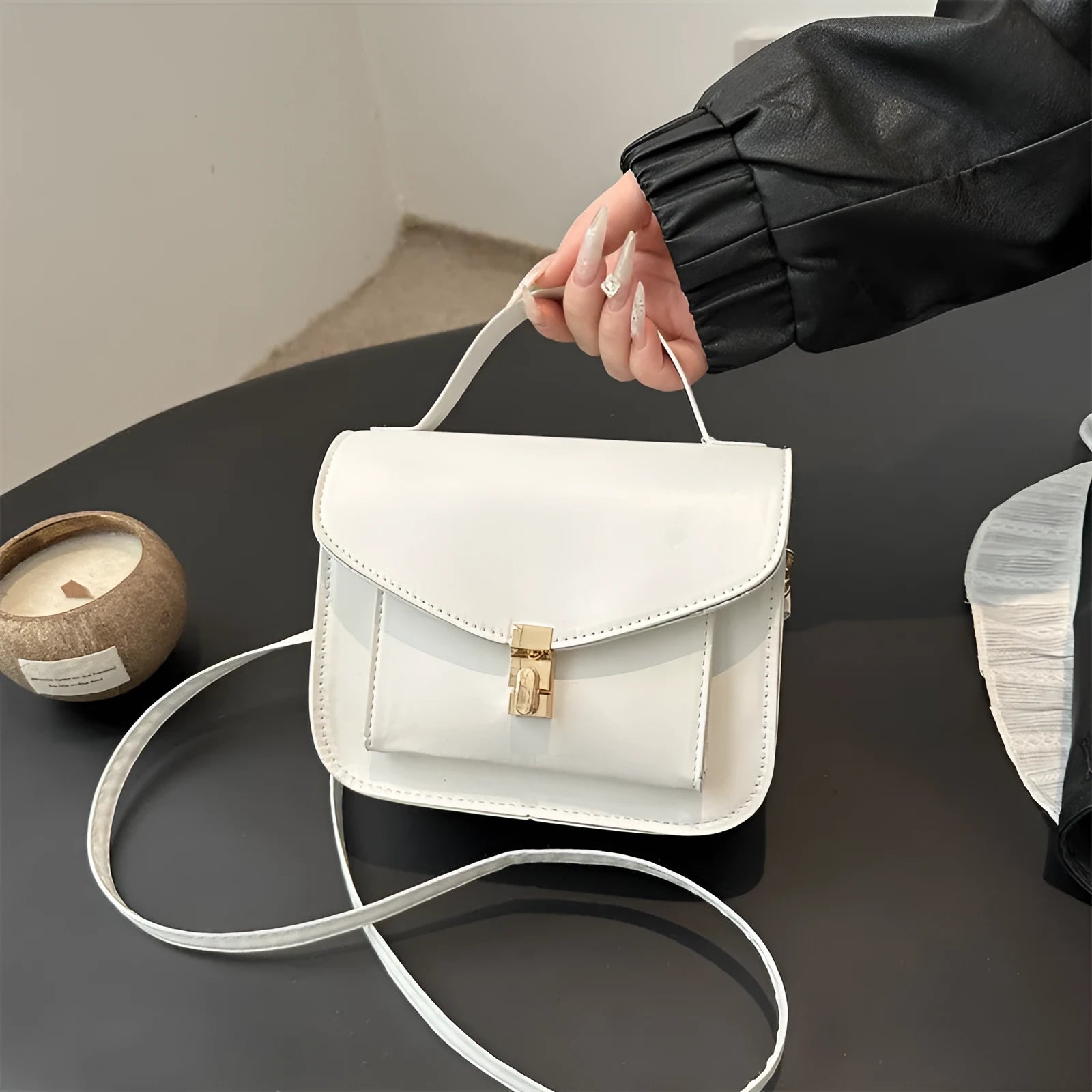 Retro style horizontal square messenger bag in PU leather with crossbody strap