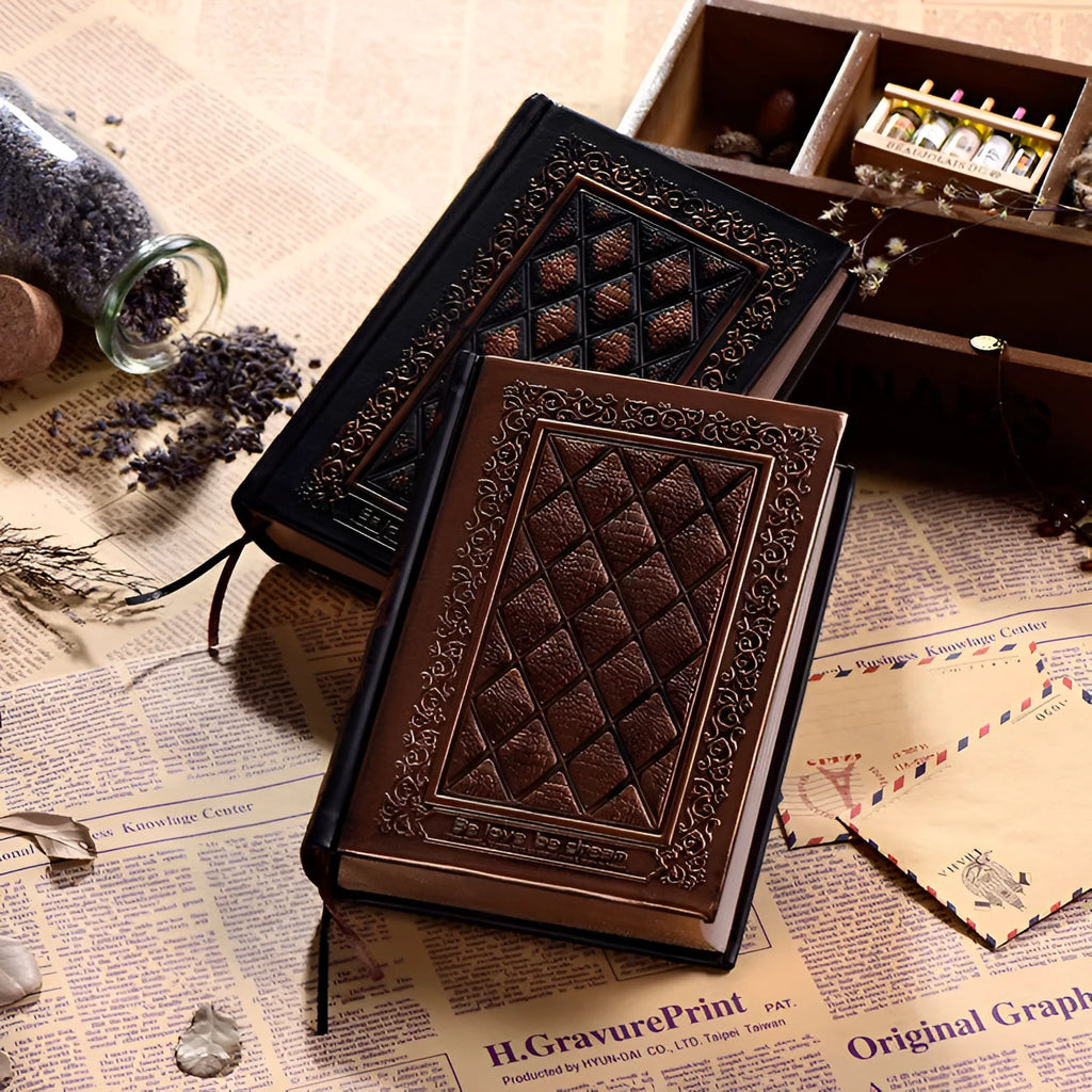 Embossed faux leather notepad with textured three-dimensional cover in bronze colour