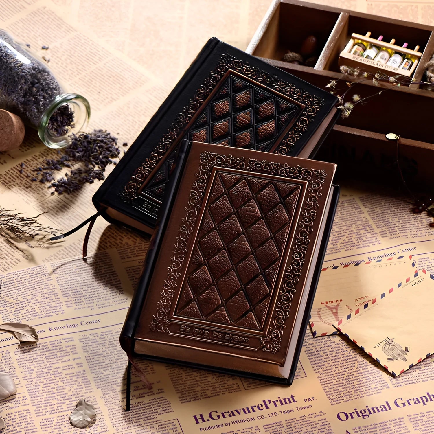 Embossed faux leather notepad with textured three-dimensional cover in bronze colour