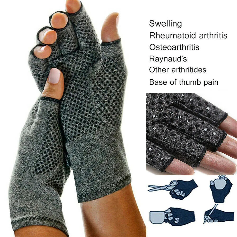 Gray half finger joint compression gloves on a plain background showing anti-slip knit texture