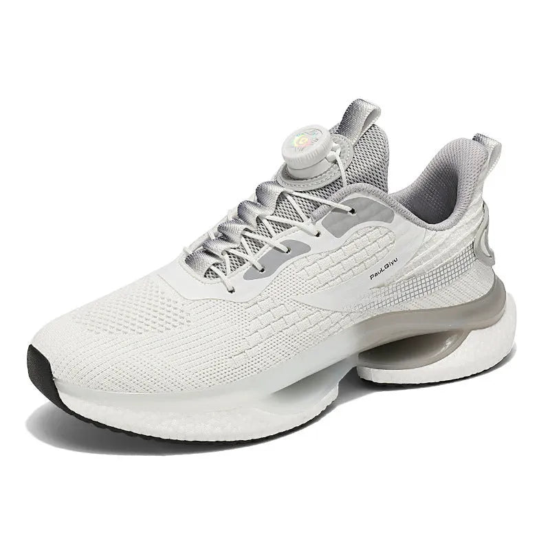 Men's white low-top running shoes with a rotating buckle fastener and breathable mesh upper.