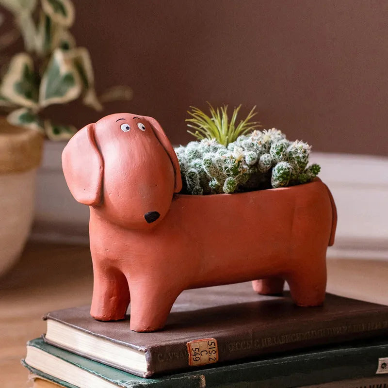 Cement sausage dog flower pot medium size 15x20.5x10cm with drainage hole on floor