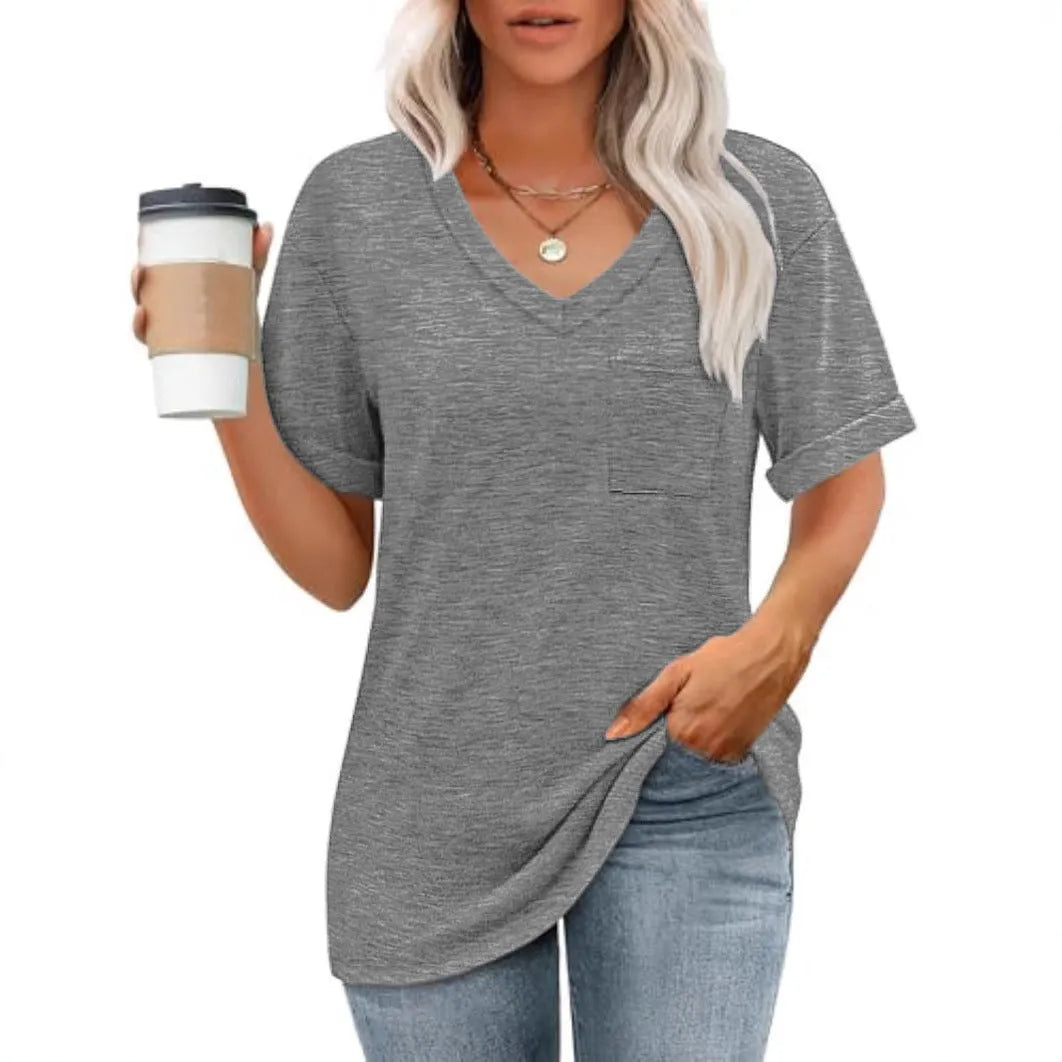 Grey loose fit V-neck T-shirt with a front chest pocket on a hanger.