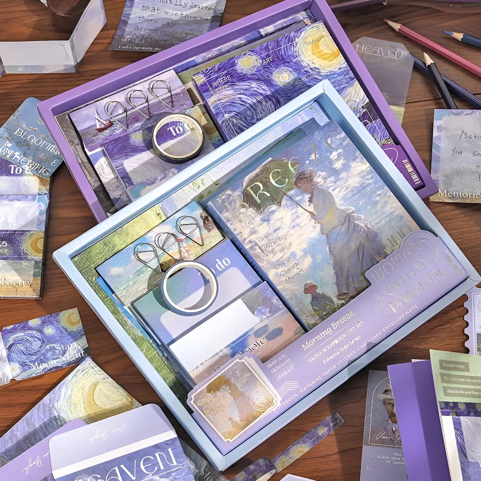 Hand Account Suit Creative Journal Gift Box open to show A6 plaid notebook, decorative papers, cards, and stickers.