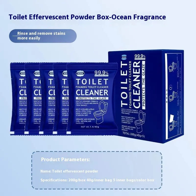 Toilet bubble powder descaling cleaner in blue ocean and pink floral fragrance options with 40g bags and 240g big bag