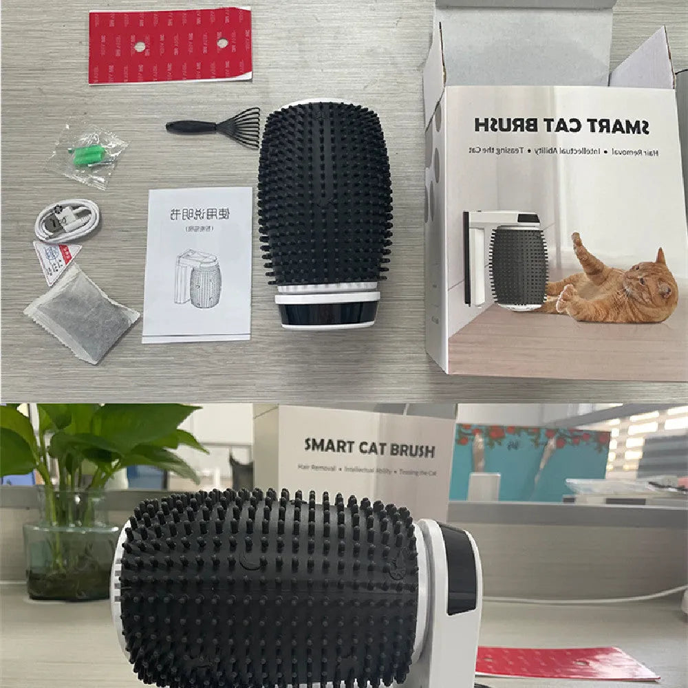 White automatic cat self grooming brush mounted in corner with silicone bristles