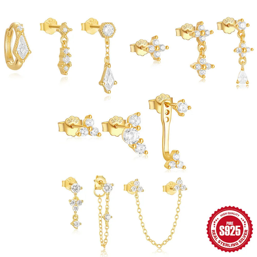 Set of three S925 sterling silver geometric stud earrings with zircon accents in gold tone.