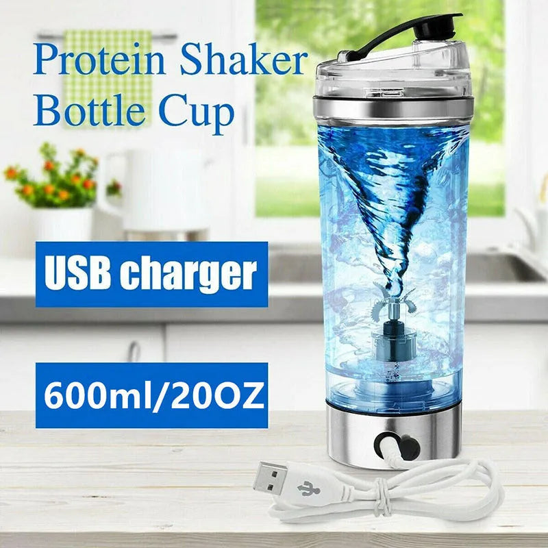 Electric protein shake stirrer with USB rechargeable base, 450ml clear cup, and 304 stainless steel bottleneck ring
