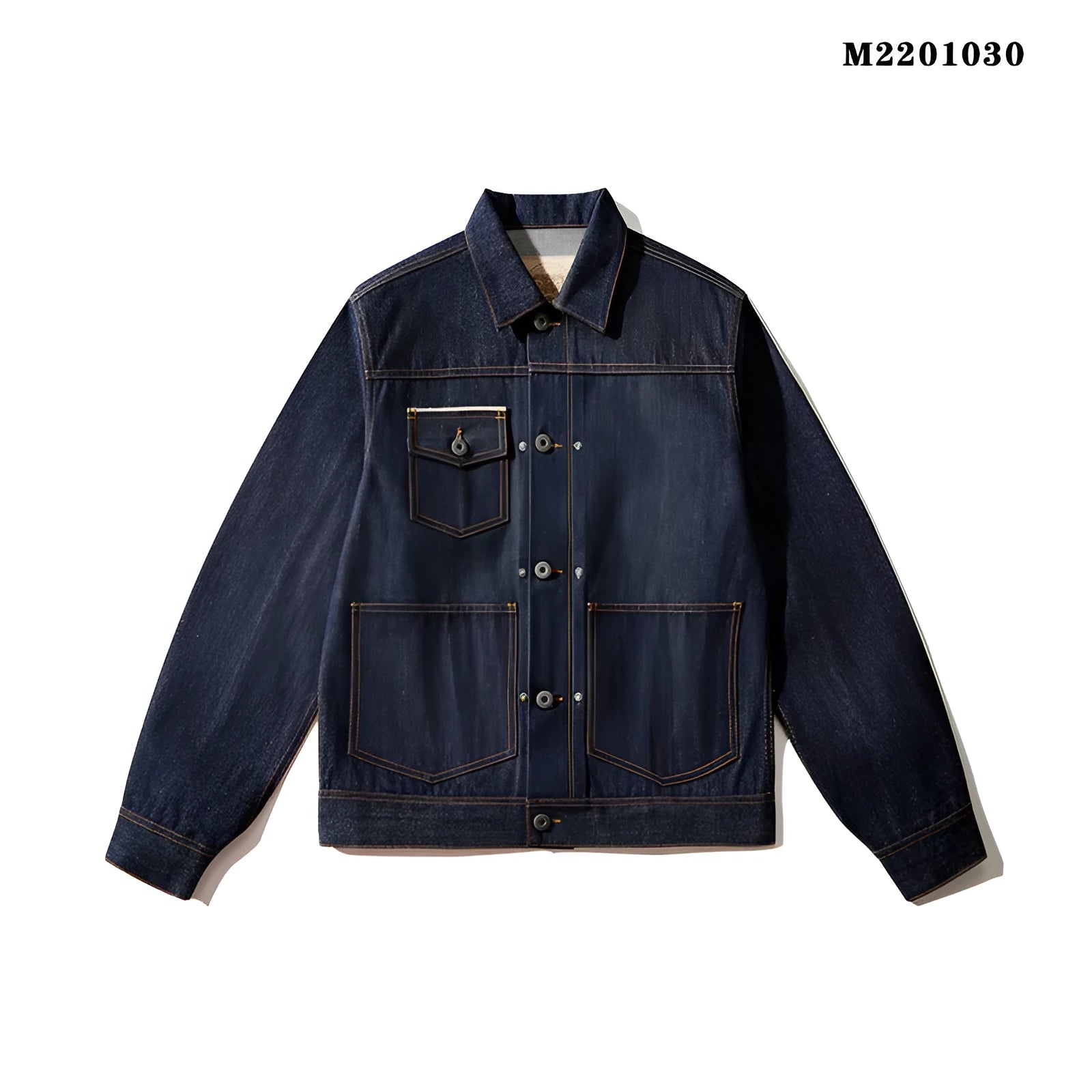 Men's raw pulp colour Japanese-style loose cotton jacket with red edge detailing and patch pockets