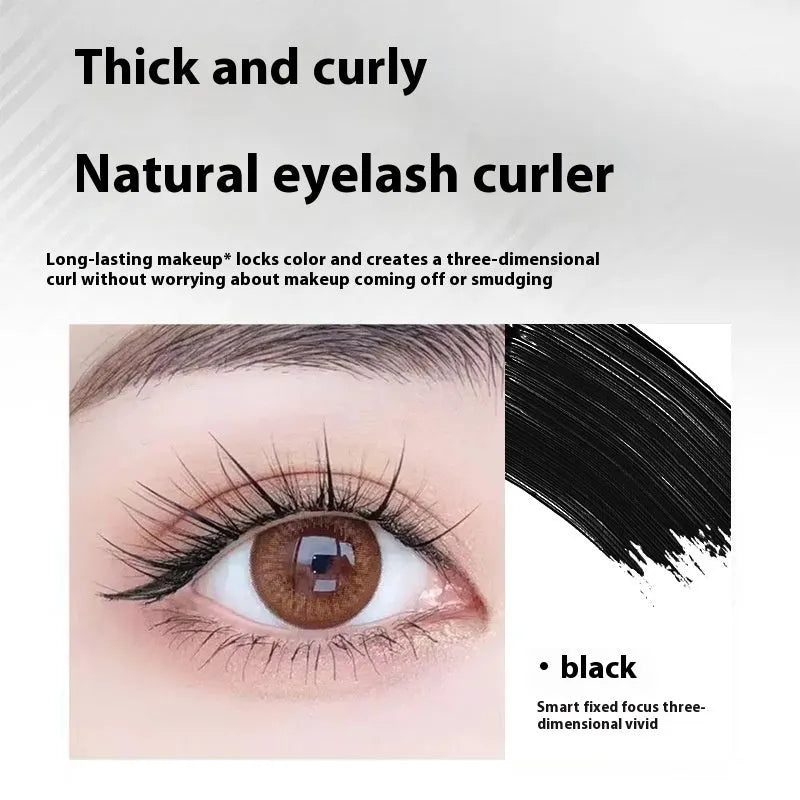 Waterproof steel tube mascara and eyelash curler in black and brown shades.