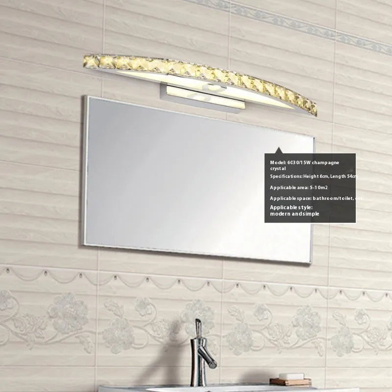 LED bathroom wall lamp with crystal mirror headlight, stainless steel hardware, available in 44cm 54cm or 70cm arc length