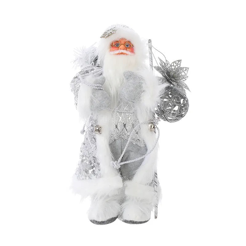 30cm Christmas doll ornament with plastic and cloth construction in red and silver sequins and snowman designs