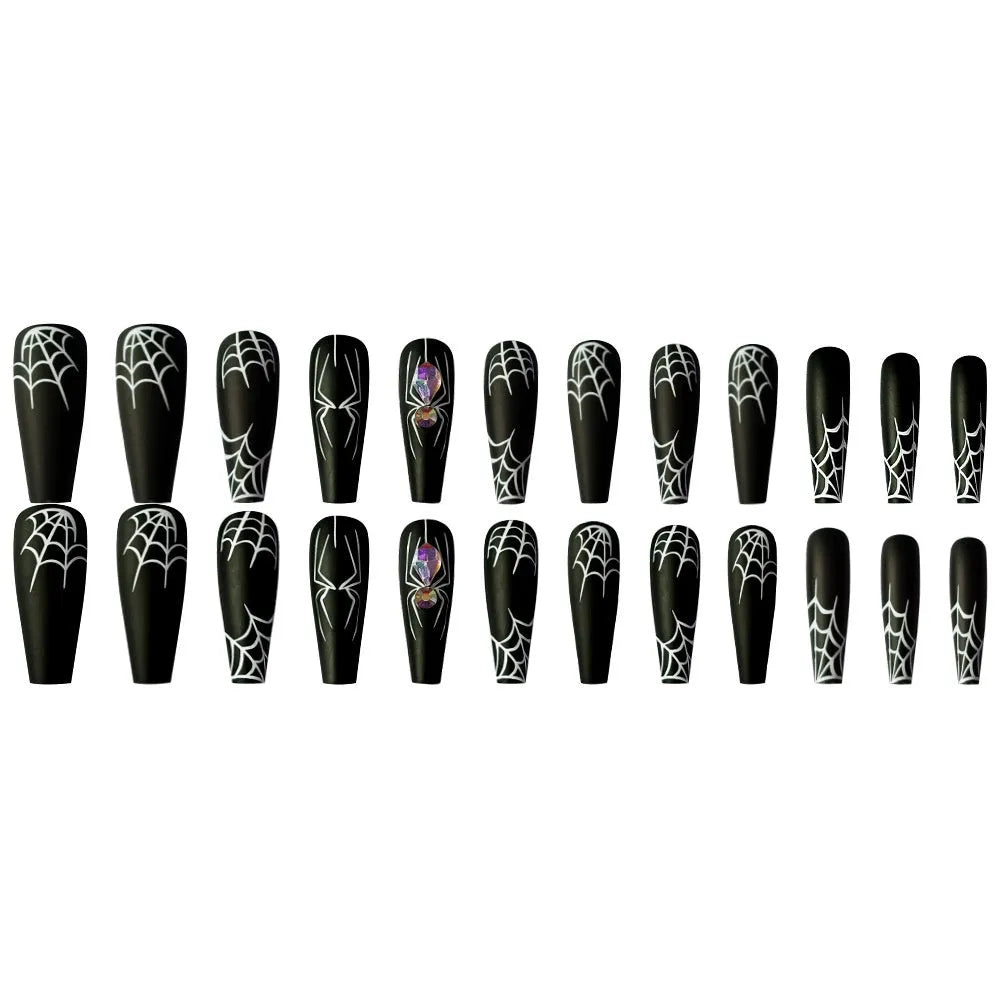 Dark Spider Halloween nail tips 24 pieces with glue, sweet cool long wearable design cartoon pattern