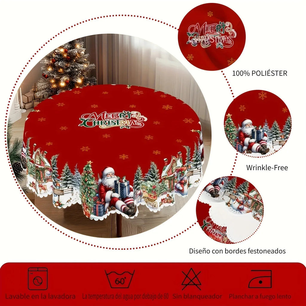Round 152cm polyester tablecloth with printed Christmas snowflake and Santa Claus pattern on a dining table