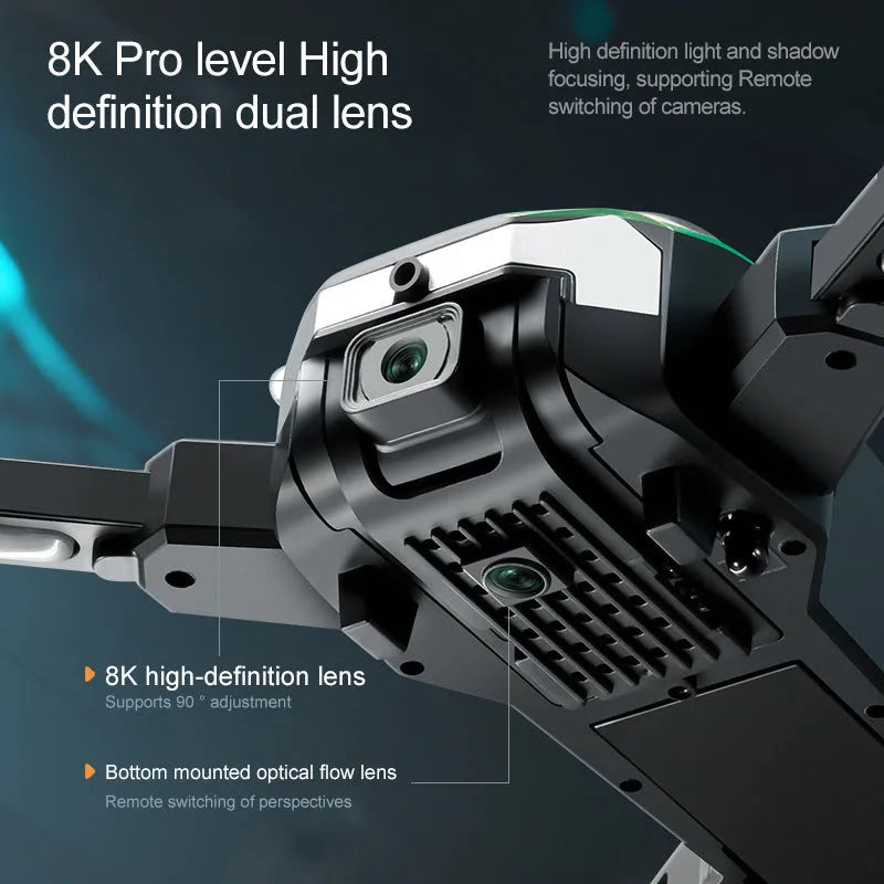 Black and yellow brushless drone with dual camera, optical flow positioning, and obstacle avoidance, under 30cm