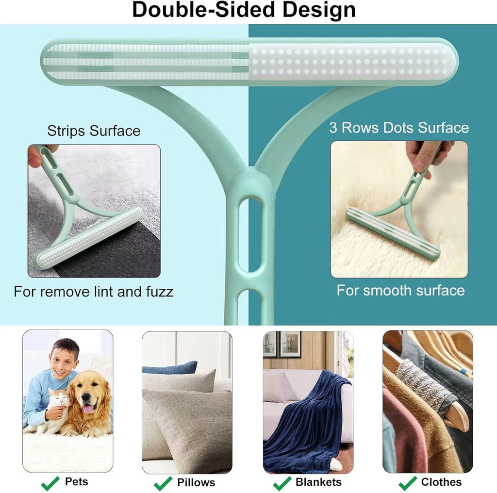 Green three-piece pet hair remover set with metal, silicone, and round cleaning tools on a fabric background.