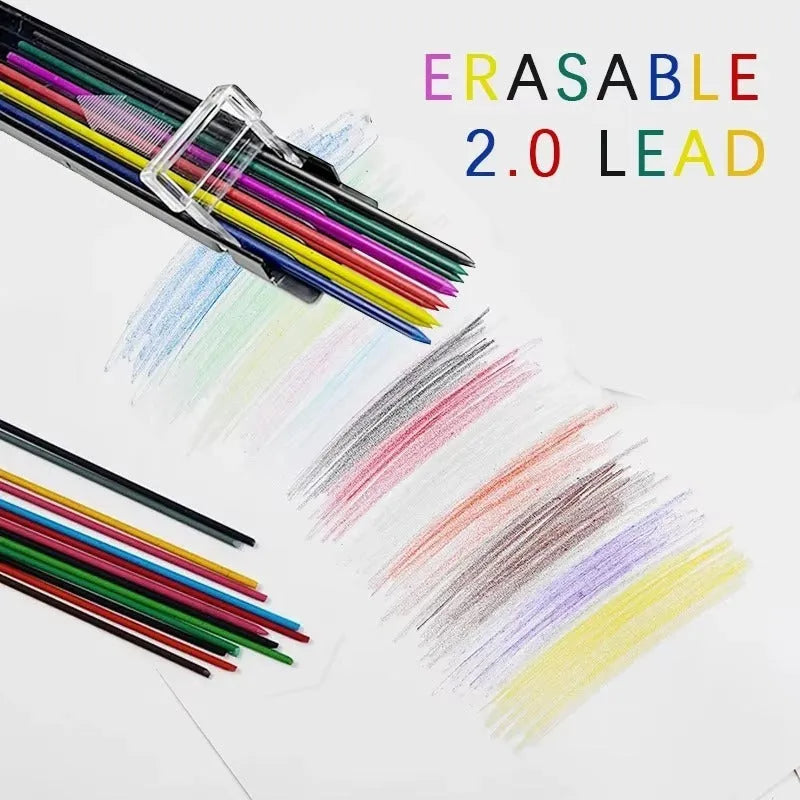 Boxed pencil refill with 12 erasable mechanical pencil replacement leads in rainbow colours for drawing and painting