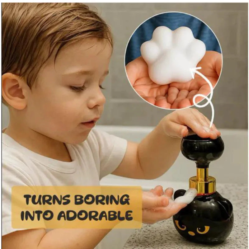 Black plastic cartoon cat-shaped soap dispenser measuring 10x18cm with manual pump