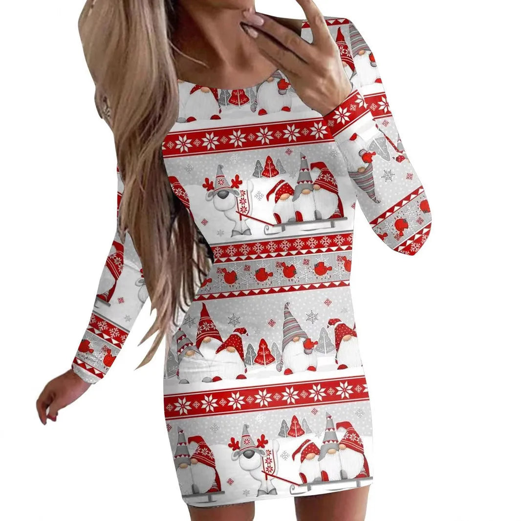 Christmas printed round neck long sleeve narrow dress with animal pattern and colourful flower design