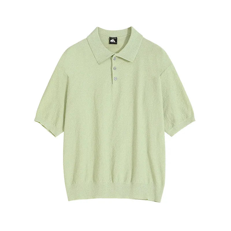 Men's retro knitted polo shirt with asymmetric design in caramel colour