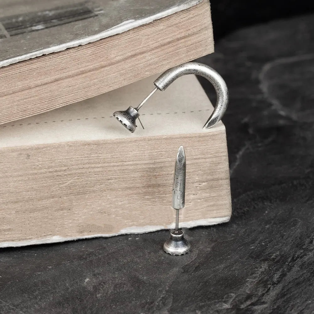 S925 sterling silver punk nail stud earring, straight and curved style options on ear hook.