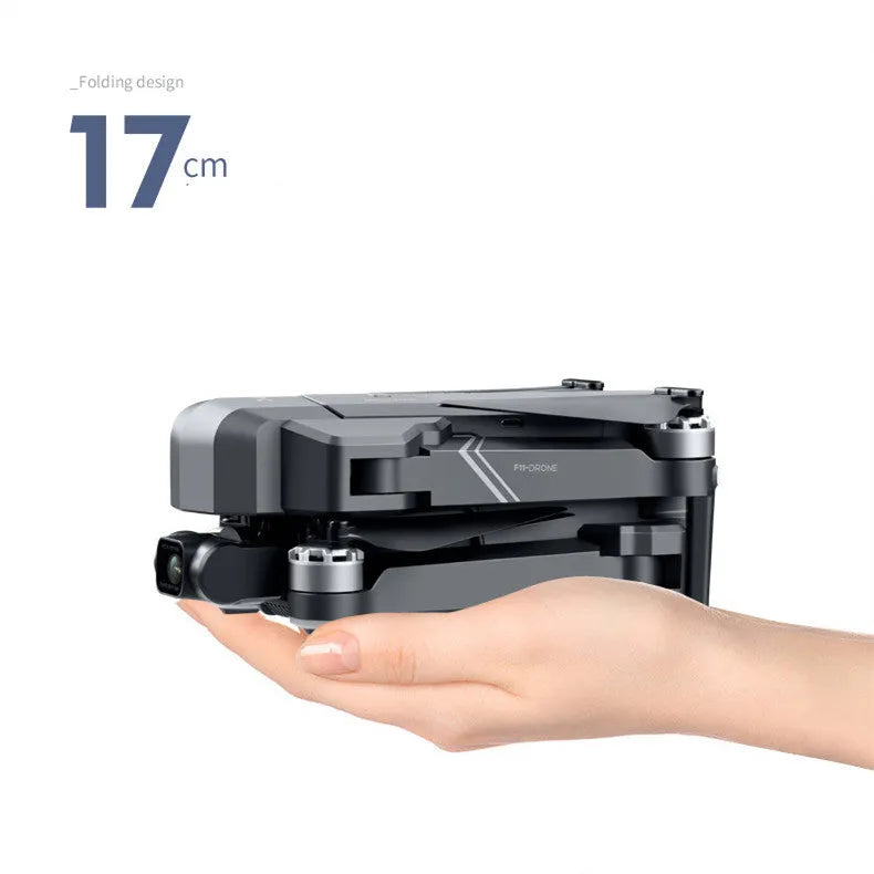 Black F11s PRO GPS folding drone with 4K camera and gimbal, shown in both expanded and compact folded sizes.