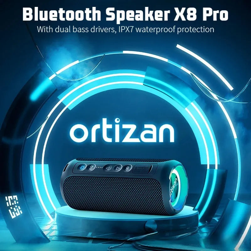 Black and blue fabric wireless Bluetooth speaker with lighting elements and card slot