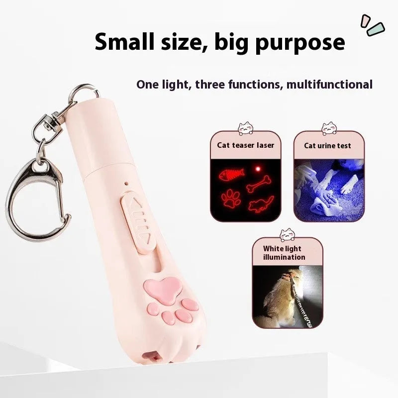 USB-rechargeable cat teaser wand with LED light and colourful feather in sky blue colour