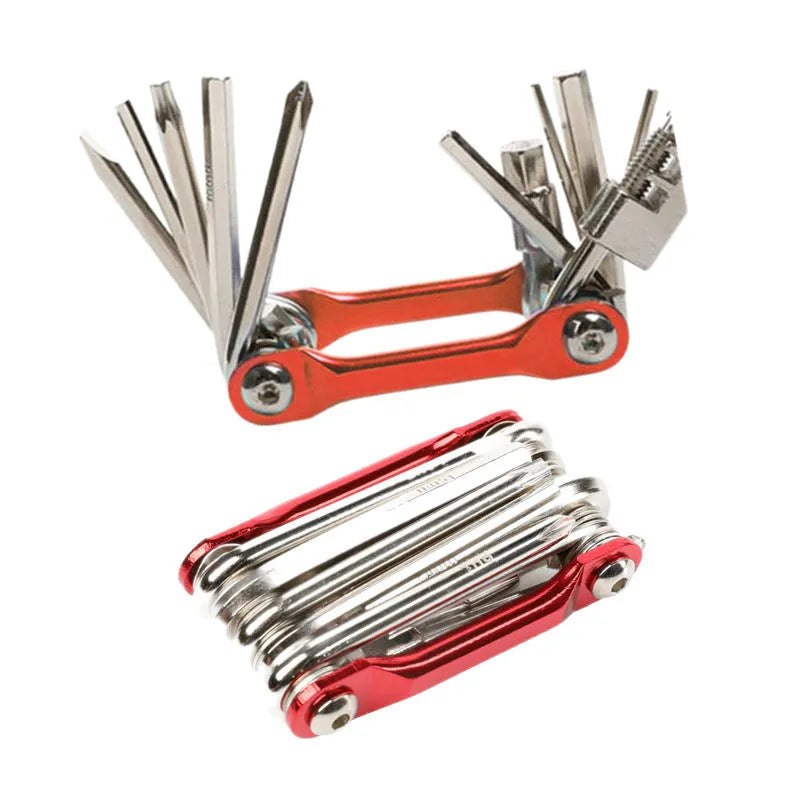 Black aluminium alloy combination tool set with chain breaker in compact storage bag for bicycle maintenance