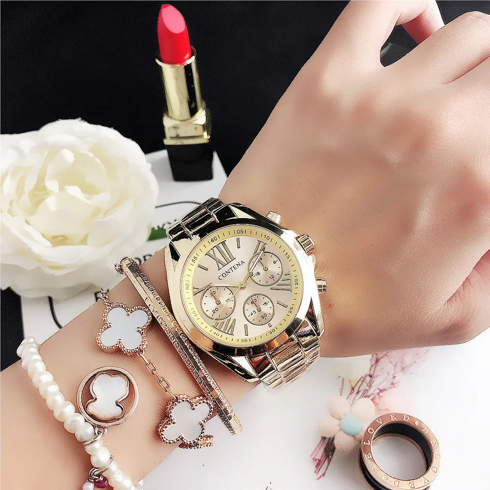 Women's silver and gold diamond quartz watch with mesh metal strap