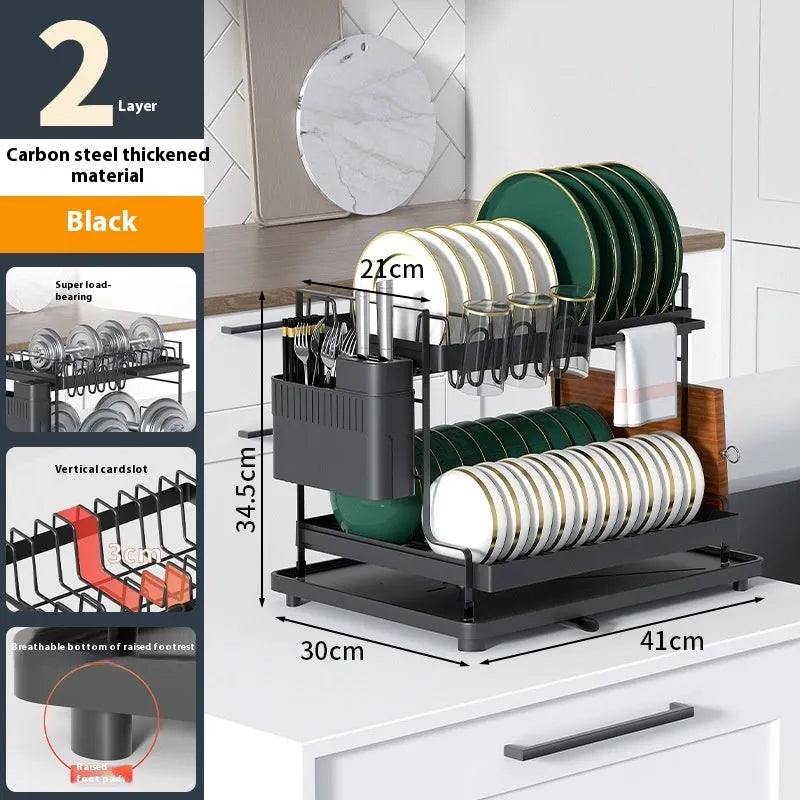 White double-layer kitchen storage rack with removable draining on countertop