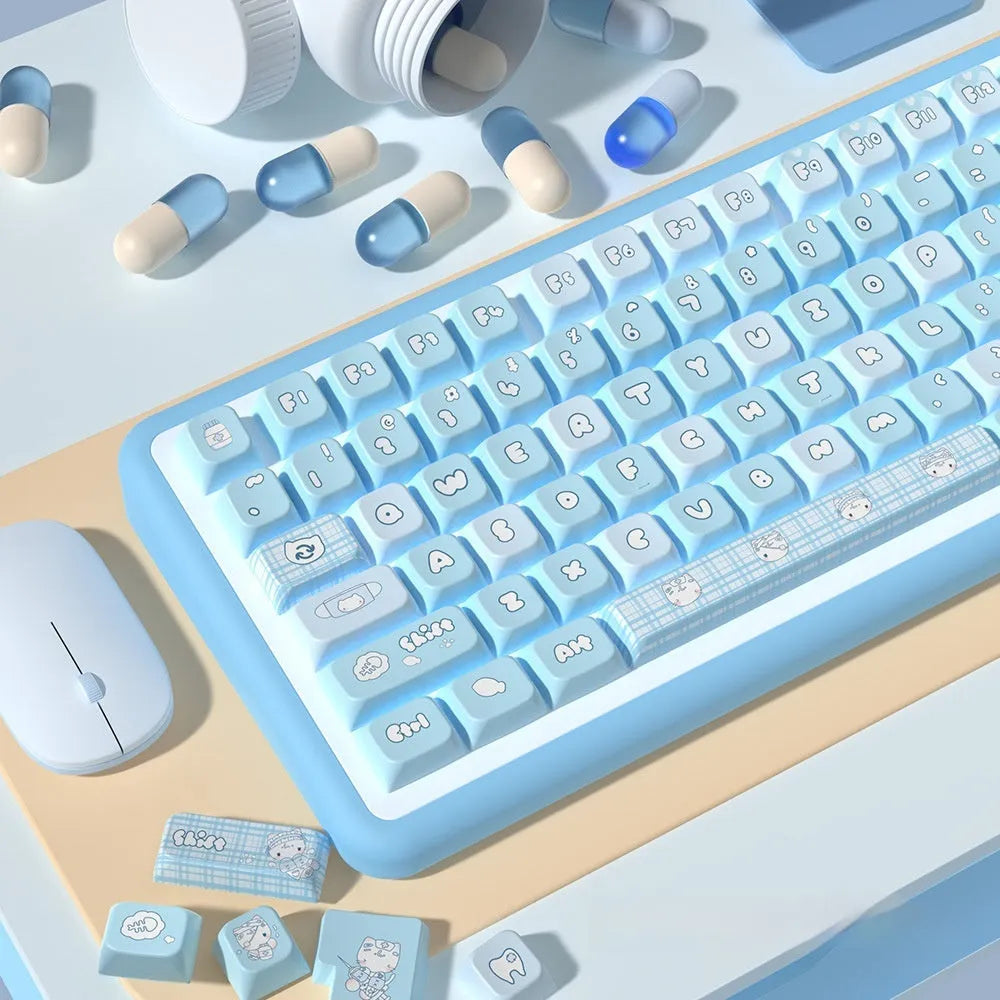 Watercolour kitten design PBT keycap set for mechanical keyboards, showing 138-key and 158-key full kit options.
