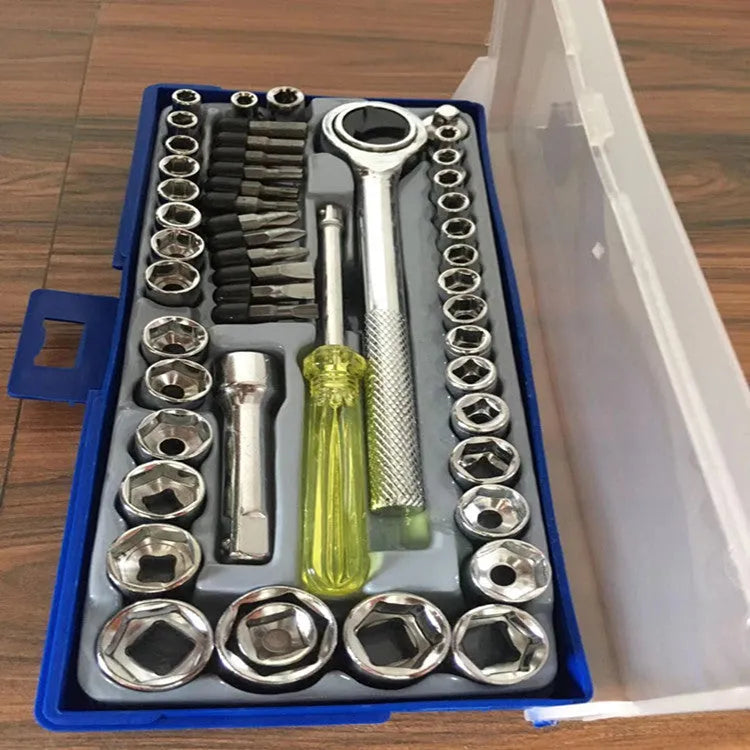 50-piece socket set with metric and imperial sockets, plain carbon steel, mirror finish, includes handle and bits