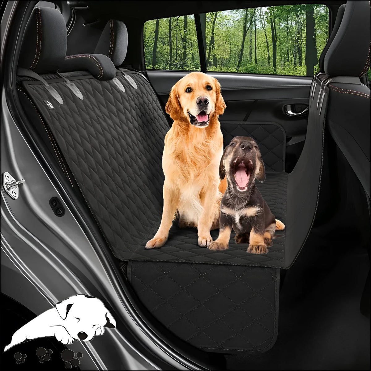 Waterproof cloth car pet kennel rear seat cushion in black measuring 137x147cm placed on a car back seat